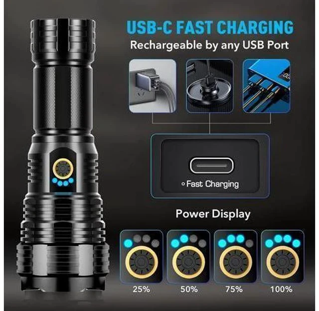 Alt view image 4 of 7 - Rechargeable Flashlights 990000 High Lumens, High Power Led Flashlight, XHP70.2 Powerful Tactical Flashlight with Zoomable, 5 Modes, IPX7 Waterproof, Flashlight for Camping, Hiking, Emergencies