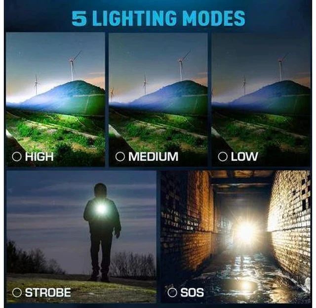 Alt view image 6 of 7 - Rechargeable Flashlights 990000 High Lumens, High Power Led Flashlight, XHP70.2 Powerful Tactical Flashlight with Zoomable, 5 Modes, IPX7 Waterproof, Flashlight for Camping, Hiking, Emergencies