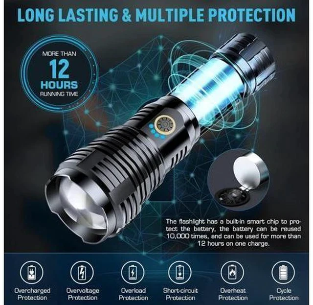 Alt view image 7 of 7 - Rechargeable Flashlights 990000 High Lumens, High Power Led Flashlight, XHP70.2 Powerful Tactical Flashlight with Zoomable, 5 Modes, IPX7 Waterproof, Flashlight for Camping, Hiking, Emergencies