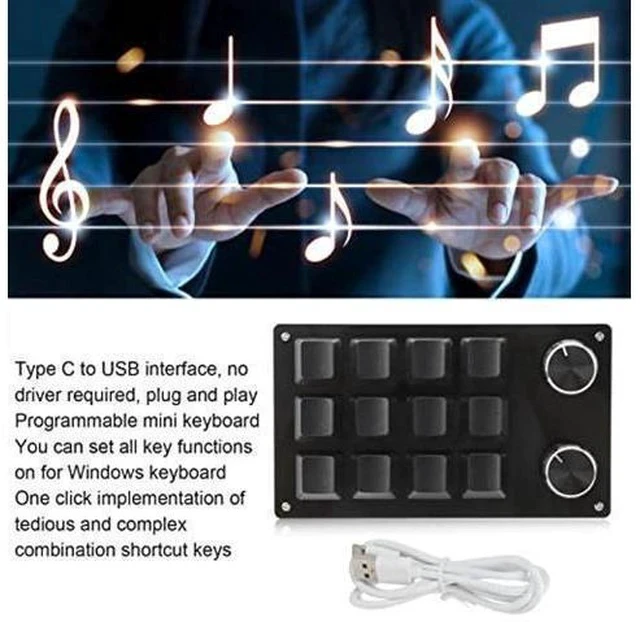 Alt view image 4 of 7 - Cuifati One Handed Macro Mechanical Keyboard, 12 Key Mini Programmable Micro Keyboard, Fully Programmable Keys and 2 Knob, for, for Vista, for, for Macos(Full Black)