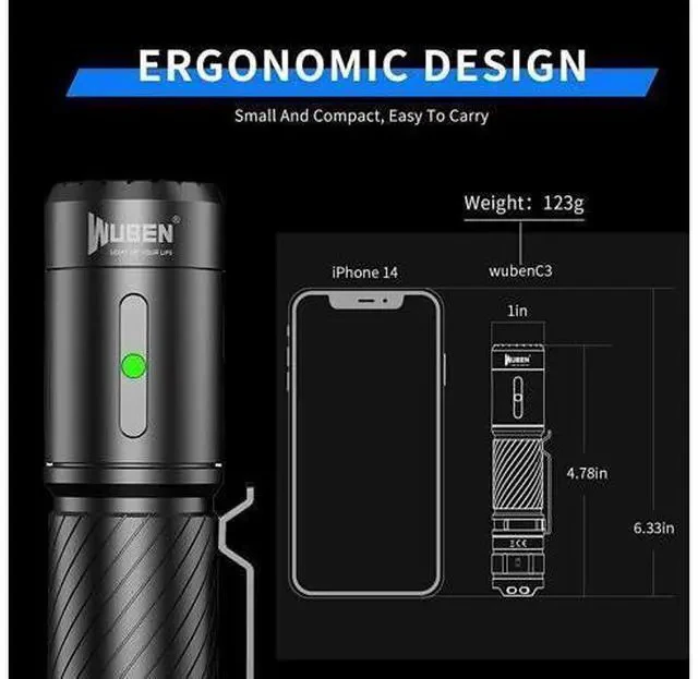 Alt view image 6 of 7 - WUBEN C3 Flashlight 1200 High Lumens Rechargeable Flashlights 6 Modes Super Bright IP68 LED Tactical Flashlight for Camping, Home, Emergency, Rescue, Hunting, Inspection, Repair, Tool Gifts for Men