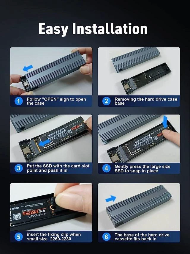 Alt view image 5 of 7 - M.2 NVMe SSD Enclosure, V Tool-Free USB C External NVMe SSD Enclosure, M.2 NVMe to USB Adapter, USB 3.2 Gen2 (10Gbps) Supports UASP, Trim, M-Key(B+M Key) and Size in 2230/2242 /2260/2280 SSDs