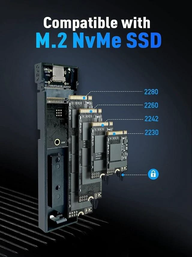 Alt view image 3 of 7 - M.2 NVMe SSD Enclosure, V Tool-Free USB C External NVMe SSD Enclosure, M.2 NVMe to USB Adapter, USB 3.2 Gen2 (10Gbps) Supports UASP, Trim, M-Key(B+M Key) and Size in 2230/2242 /2260/2280 SSDs