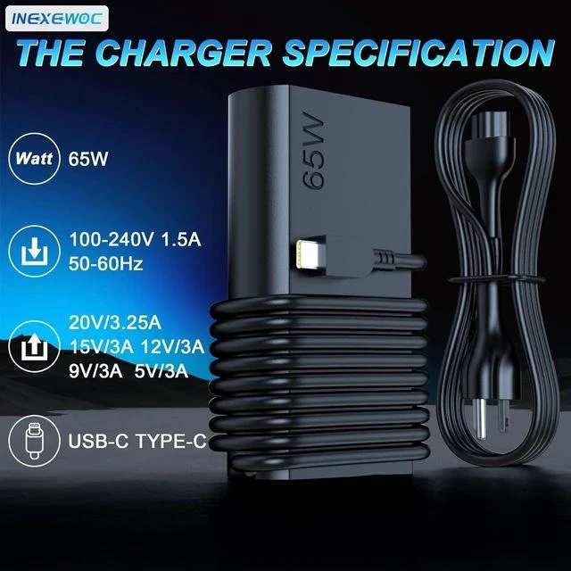 Alt view image 4 of 7 - New Slim 65W USB C Laptop Charger Compatible with ThinkPad T480s T580s T490 E480 E580 X1Carbon X13 Chromebook 2nd Gen Yoga Slim Type C Fast Charging Computer Power Cord
