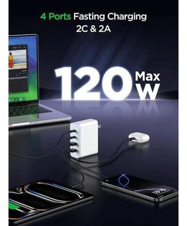 Alt view image 4 of 7 - MacBook Pro Charger-Exclusive PD3.0 PPS 100W USB C Charger Block 120W GaN Fast Charger for MacBook Pro/Air iPhone Galaxy iPad Pro-White
