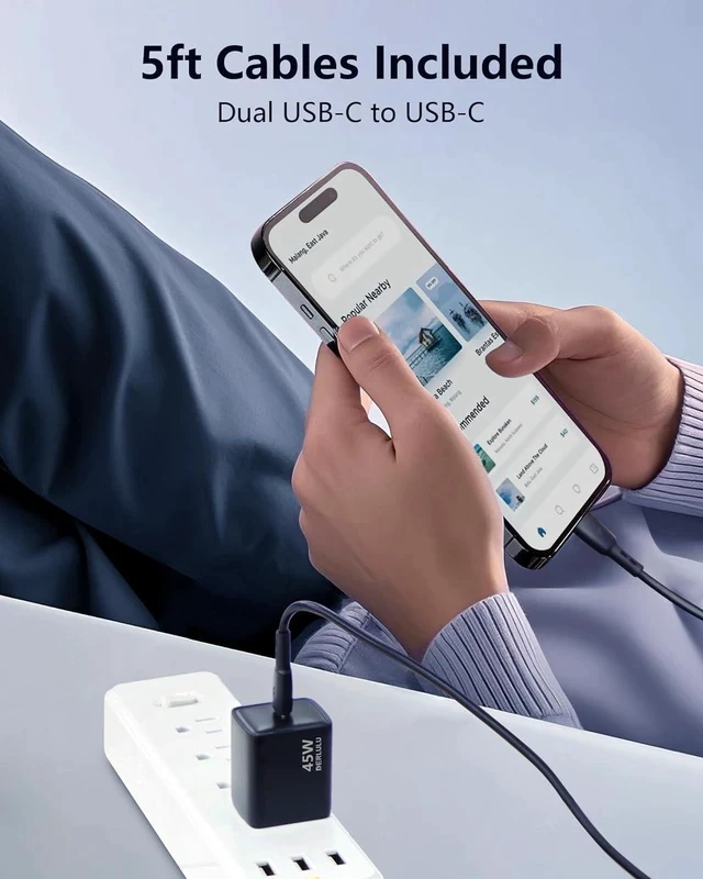 Alt view image 3 of 7 - 45W USB-C Charger 45W Power Adapter Supports Super Fast Charging for Galaxy S25/S24/S23 Compatible with iPhone 17/16/15/14 iPad and More Devices (2-Pack of Charger and 5 ft Cable)