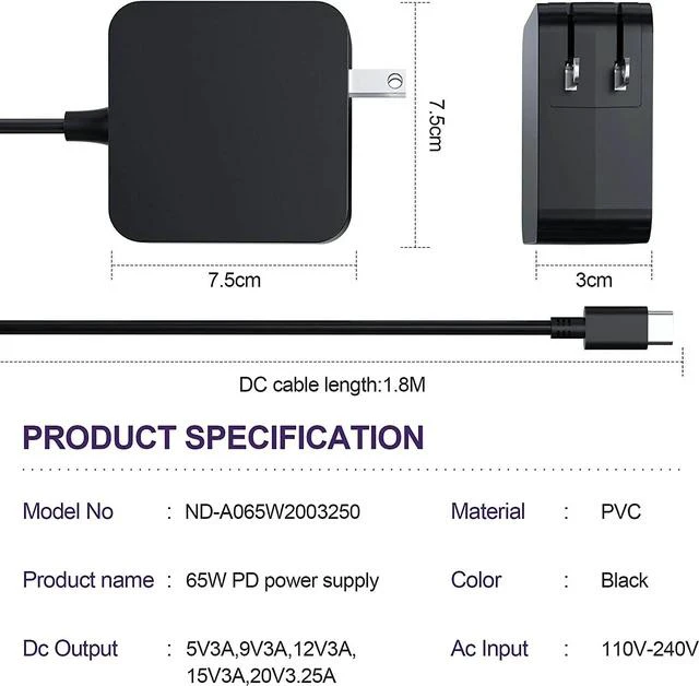 Alt view image 4 of 7 - USB-C 65W 45W AC Adapter Laptop Charger for Chromebook ZenBook Transformer ExpertBook C302C C213 C214 C436 C523 ADP-45EW B UX390UA UX490 UX325 UX393 UX371 B9450FA B9450CEA T302 Foldable Plug
