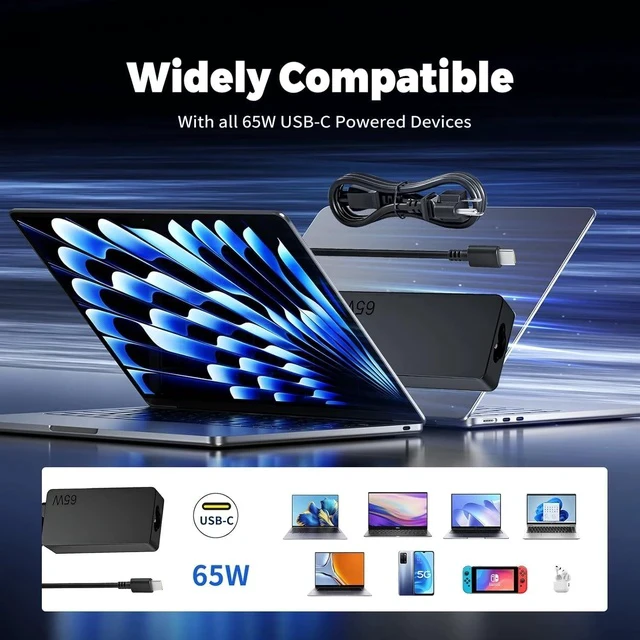 Alt view image 2 of 7 - 65W USB-C Laptop Charger Compatible with Thinkpad T470 T470S T460 E531 E570 E560 L470 L460 L440Yoga/Chromebook C330 S330 100e 300e AC Adapter Power Cord