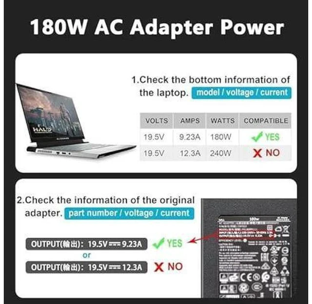 Alt view image 4 of 7 - 180W Laptop Charger Compatible with Dell G7 15 17 7588 7590 7790 G5 15 5515 5587 5590 G3 15 3579 17 3779 Precision 7670 7770 AC Adapter for Gaming Laptops 19.5V 9.23A 7.4mm Power Cord