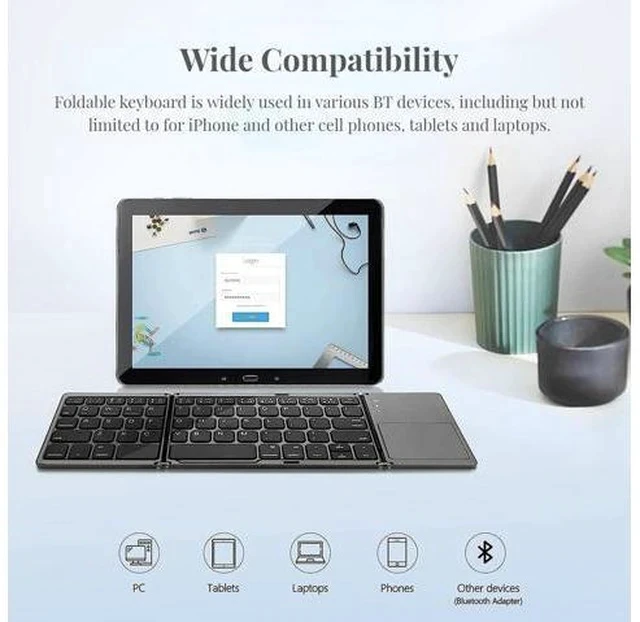 Alt view image 2 of 5 - Folding Bluetooth Keyboard, Pocket Size Portable Wireless Keyboard with Sensitive Touchpad, Rechargeable Full Size Ultra Slim Foldable Travel Keyboard for IOS for Android Windows