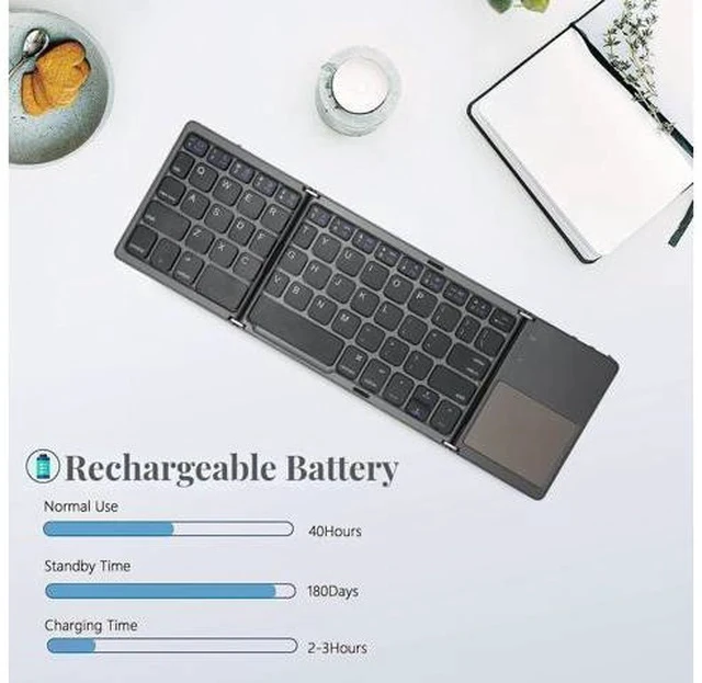 Alt view image 4 of 5 - Folding Bluetooth Keyboard, Pocket Size Portable Wireless Keyboard with Sensitive Touchpad, Rechargeable Full Size Ultra Slim Foldable Travel Keyboard for IOS for Android Windows