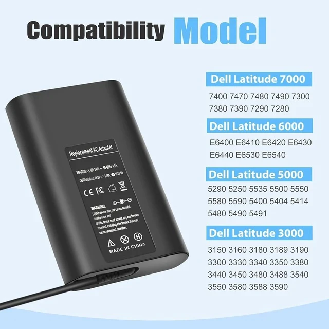 Alt view image 2 of 7 - 65W LA65NS2-01 Laptop Charger Adapter Compatible with Latitude 5400 5500 5480 5490 5580 5590 7400 7480 7490 7390 7290 7280 3440 E5400 E5420 E5450 E5470 E5480 E5570 E6420 E6430 E6540 E7470 E7480