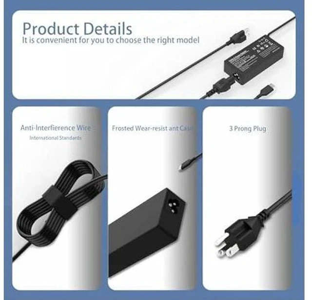 Alt view image 3 of 7 - USB C Laptop Charger 65w Replacement for Lenovo ThinkPad Yoga Chromebook Charger Fast Charging Type C AC Adapter Power Cord Supply