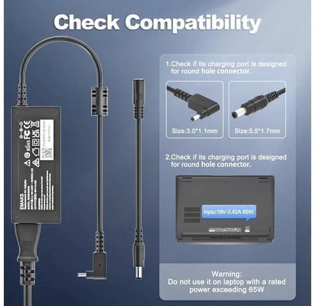 Alt view image 6 of 7 - 65W Laptop Charger for Aspire 1 3 5 A515-44 A515-45 A515-46 A515-54 A515-54G A515-55 A515-56 A514-54A315-24P A315-24PT A315-58 A315-59 A315-23 A314-23P 15 AG15-31P:A515-54G-54QQ A315-24P-R7VH