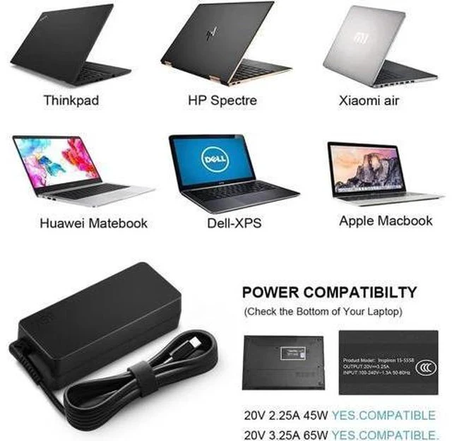 Alt view image 6 of 7 - Charger Compatible with Laptop Computer Thinkpad Yoga Chromebook USB C Laptop Charger 65W 45W