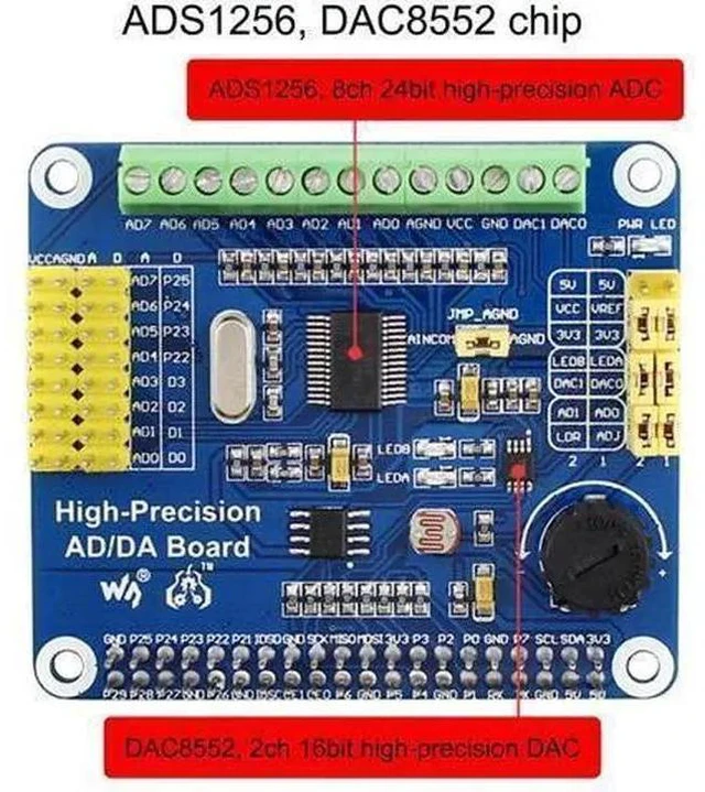 Alt view image 7 of 7 - High-Precision AD/DA Expansion Board for Raspberry Pi 4B/Raspberry Pi 3B+/Raspberry Pi3B/2B/Raspberry Pi Zero/Zero W/Zero WH/Raspberry Pi Zero 2W/ Zero 2WH/Jetson Nano, Onboard ADS1256/ DAC8552 Chip