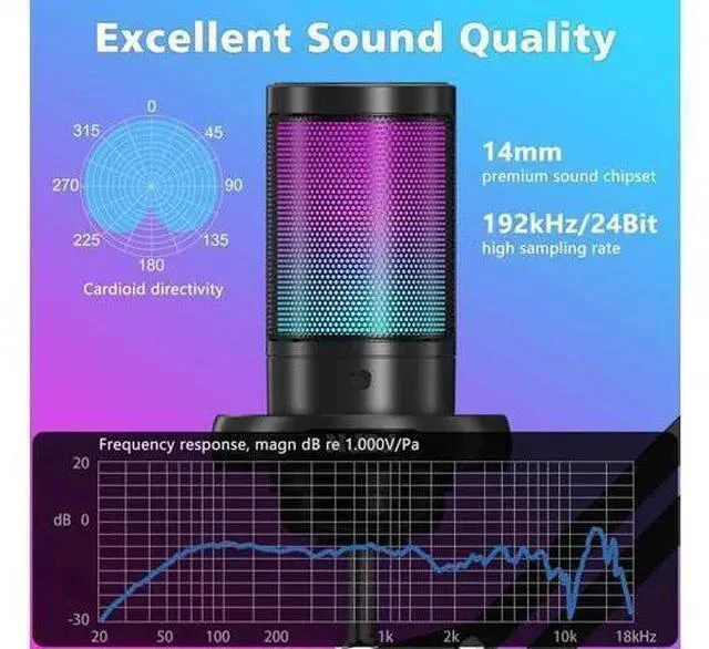 Alt view image 3 of 7 - USB Gaming Microphone for PC, Condenser Mic with Boom Arm for PS4/ PS5/ Mac/Phone with Touch Mute, RGB Lighting,Gain knob & Monitoring Jack for Streaming,Podcasting,YouTube