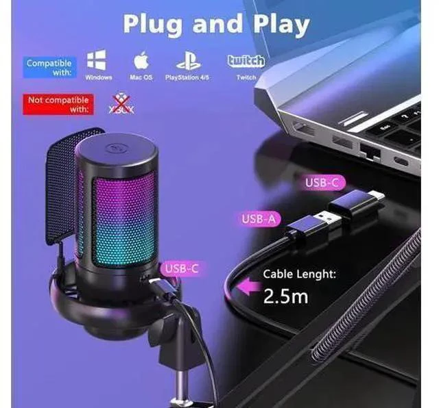 Alt view image 7 of 7 - USB Gaming Microphone for PC, Condenser Mic with Boom Arm for PS4/ PS5/ Mac/Phone with Touch Mute, RGB Lighting,Gain knob & Monitoring Jack for Streaming,Podcasting,YouTube