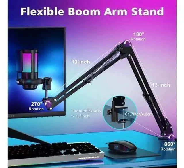 Alt view image 6 of 7 - USB Gaming Microphone for PC, Condenser Mic with Boom Arm for PS4/ PS5/ Mac/Phone with Touch Mute, RGB Lighting,Gain knob & Monitoring Jack for Streaming,Podcasting,YouTube