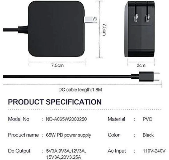 Alt view image 4 of 7 - USB-C 65W 45W AC Adapter Laptop Charger for Asus Chromebook ZenBook Transformer ExpertBook, C302C C213 C214 C436 C523 ADP-45EW B, UX390UA UX490 UX325 UX393 UX371, B9450FA B9450CEA, T302, Foldable Plug