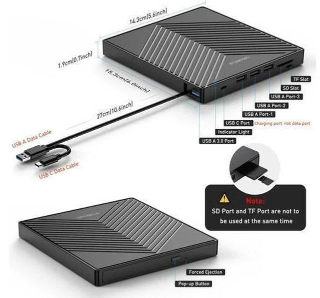 Alt view image 6 of 7 - ORIGBELIE External CD DVD Drive, Ultra Slim CD Burner USB 3.0 with 4 USB Ports and 2 TF/SD Card Slots, Optical Disk Drive for Laptop Mac, PC Windows 11/10/8/7 Linux OS