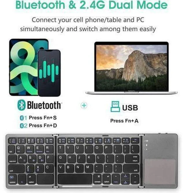 Alt view image 2 of 7 - Multi-Device Foldable Bluetooth Keyboard with Touchpad Rechargeable Dual-Mode(2.4G+BTx2) Wireless Keyboard with Holder, Portable Ultra Slim Folding Keyboard for Android Windows iOS Mac OS