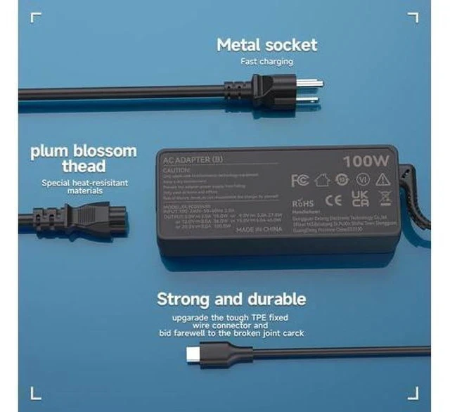 Alt view image 3 of 7 - USB C Laptop Charger 100W USB C Laptop Power Adapter Compatible with Thinkpad Carbon x1 5th 6th Gen IdeaPad 13 720 Y400 Y500 P580 P500
