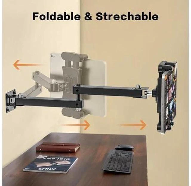 Alt view image 2 of 7 - Foldable Tablet Wall Mount, Sturdy Metal Base, 360° Rotation Tablet Holder Stand with 2-Stage Extendable Arm, Kitchen Wall Mount Bracket Holder for All 4.7-12.9 Inch Tablets