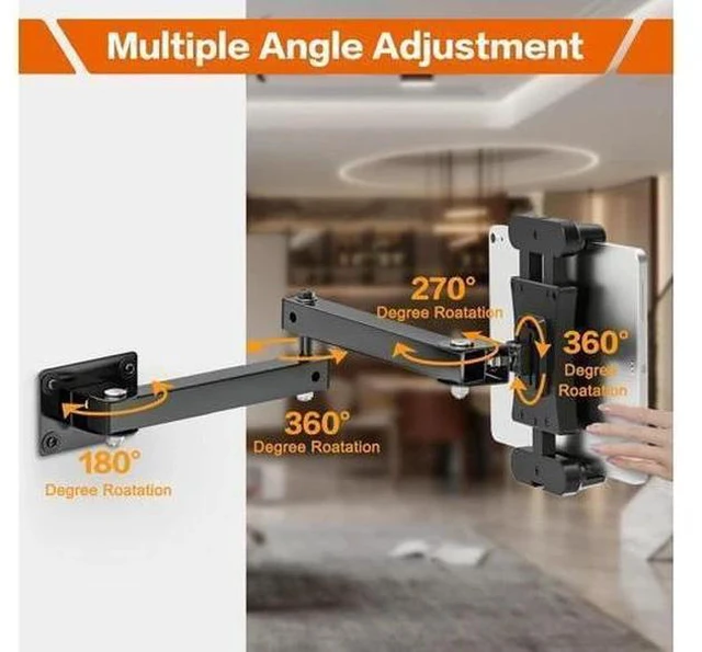 Alt view image 6 of 7 - Foldable Tablet Wall Mount, Sturdy Metal Base, 360° Rotation Tablet Holder Stand with 2-Stage Extendable Arm, Kitchen Wall Mount Bracket Holder for All 4.7-12.9 Inch Tablets