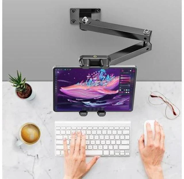Alt view image 5 of 7 - Foldable Tablet Wall Mount, Sturdy Metal Base, 360° Rotation Tablet Holder Stand with 2-Stage Extendable Arm, Kitchen Wall Mount Bracket Holder for All 4.7-12.9 Inch Tablets