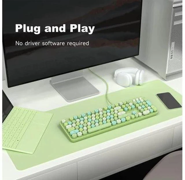 Alt view image 3 of 7 - MOWUX Computer Keyboard Wired, Plug Play USB Retro Round Typewriter Keyboard, Full Size Wired Keyboard with Foldable Stands for Laptop and Office PC - Green Colorful