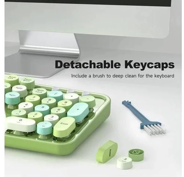 Alt view image 4 of 7 - MOWUX Computer Keyboard Wired, Plug Play USB Retro Round Typewriter Keyboard, Full Size Wired Keyboard with Foldable Stands for Laptop and Office PC - Green Colorful
