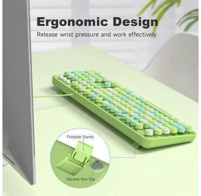 Alt view image 5 of 7 - MOWUX Computer Keyboard Wired, Plug Play USB Retro Round Typewriter Keyboard, Full Size Wired Keyboard with Foldable Stands for Laptop and Office PC - Green Colorful
