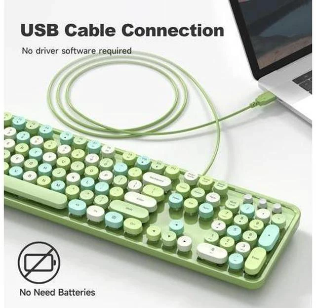 Alt view image 7 of 7 - MOWUX Computer Keyboard Wired, Plug Play USB Retro Round Typewriter Keyboard, Full Size Wired Keyboard with Foldable Stands for Laptop and Office PC - Green Colorful