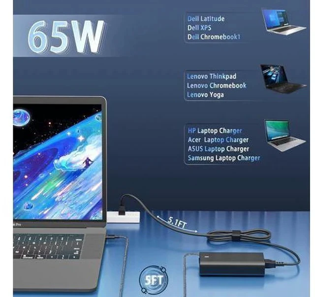 Alt view image 5 of 7 - New Slim 65W USB-C Laptop Charger Replacement for for XPS and Latitude 5000 - Power Cord Included