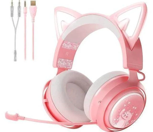 Main image of SOMIC GS510 Gaming Headset, Cat Ear Headset PC Gaming Headphones with Retractable Mic Noise Cancelling, Stereo Sound, DIY Face Covers for PC, PS4, PS5,Xbox One(Only White LED Light)-Pink