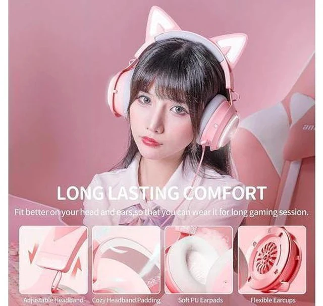 Alt view image 4 of 7 - SOMIC GS510 Gaming Headset, Cat Ear Headset PC Gaming Headphones with Retractable Mic Noise Cancelling, Stereo Sound, DIY Face Covers for PC, PS4, PS5,Xbox One(Only White LED Light)-Pink