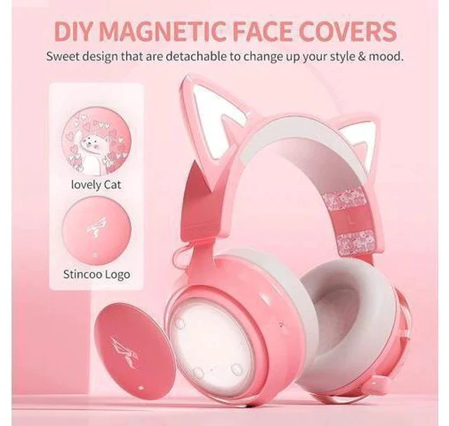 Alt view image 5 of 7 - SOMIC GS510 Gaming Headset, Cat Ear Headset PC Gaming Headphones with Retractable Mic Noise Cancelling, Stereo Sound, DIY Face Covers for PC, PS4, PS5,Xbox One(Only White LED Light)-Pink