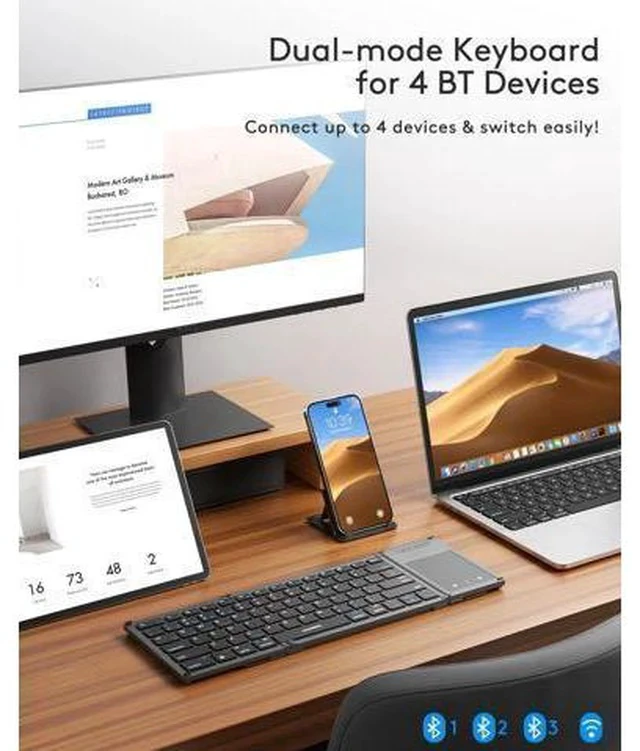 Alt view image 2 of 7 - Foldable Bluetooth Keyboard with Touchpad, Full-Size Dual-Mode Wireless Folding Keyboard, Rechargeable Portable Travel Keyboard for iOS Android Windows Mac OS, Support 4 Device(BT5.1x3 + 2.4G)