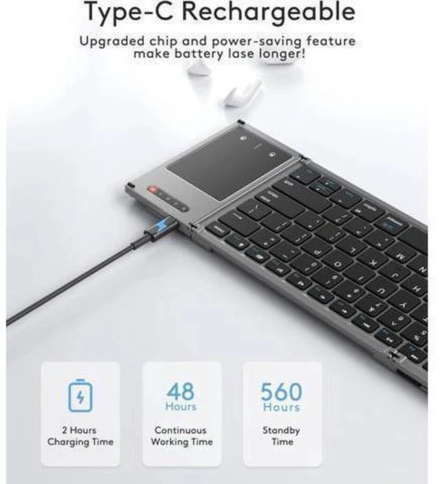 Alt view image 7 of 7 - Foldable Bluetooth Keyboard with Touchpad, Full-Size Dual-Mode Wireless Folding Keyboard, Rechargeable Portable Travel Keyboard for iOS Android Windows Mac OS, Support 4 Device(BT5.1x3 + 2.4G)