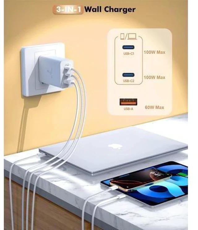 Alt view image 2 of 7 - 100W USB C Charger 3Ports USB C Laptop Charger Fast Charger with TypeC to TypeC Cable 6FT Woven Cable for Macbook Macbook Air Macbook pro iPhone 16/Plus/Pro/Pro Max 15/Plus/Pro/Pro Max iPad10 and More