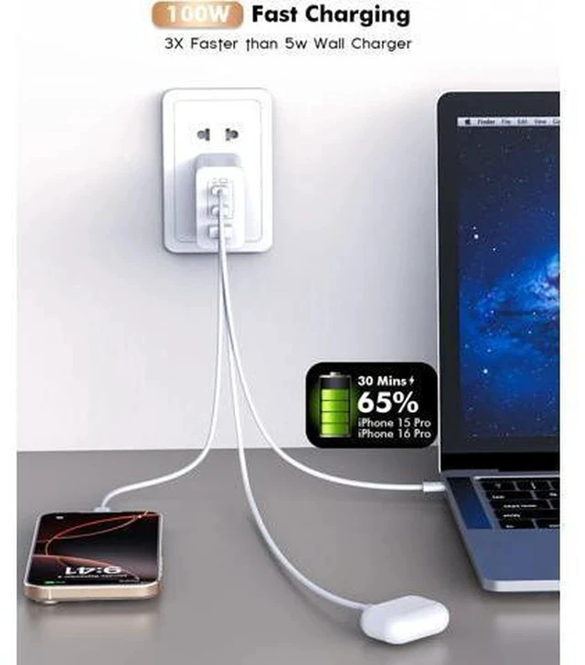 Alt view image 4 of 7 - 100W USB C Charger 3Ports USB C Laptop Charger Fast Charger with TypeC to TypeC Cable 6FT Woven Cable for Macbook Macbook Air Macbook pro iPhone 16/Plus/Pro/Pro Max 15/Plus/Pro/Pro Max iPad10 and More