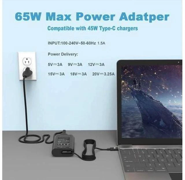 Alt view image 2 of 7 - 65W 45W USB C Laptop Charger for Latitude 5420 7420 5520 5440 5540 7440 5430 5530 7430 7330 7400 7410 5320 5450 7450 2in1 Power Cord Computer Type C AC Adapter for XPS 13 Chromebook 3100