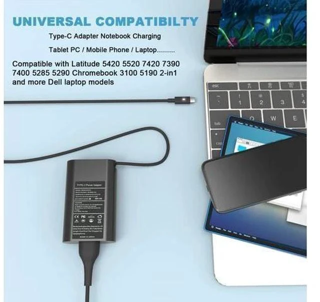 Alt view image 6 of 7 - 65W 45W USB C Laptop Charger for Latitude 5420 7420 5520 5440 5540 7440 5430 5530 7430 7330 7400 7410 5320 5450 7450 2in1 Power Cord Computer Type C AC Adapter for XPS 13 Chromebook 3100