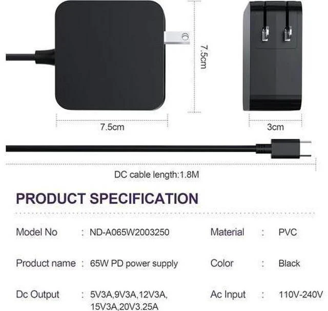 Alt view image 4 of 7 - USB-C 65W 45W AC Adapter Laptop Charger for Chromebook ZenBook Transformer ExpertBook C302C C213 C214 C436 C523 ADP-45EW B UX390UA UX490 UX325 UX393 UX371 B9450FA B9450CEA T302 Foldable Plug