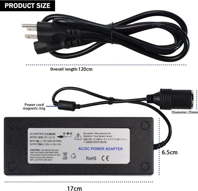 Alt view image 5 of 7 - AC to DC Converter 12V 10A 120W Power Supply 110V-220V to DC 12 Volt Transformer Cigarette Lighter Socket Power Adapter for Air Compressor Car Refrige