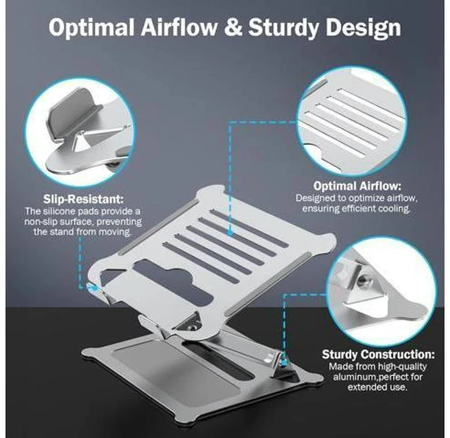 Alt view image 6 of 7 - Aluminum Adjustable Laptop Stand No Wobble Laptop Riser Foldable Computer Notebook Stand Holder for 10-17 Laptops Lightweight & Sturdy Silver/B