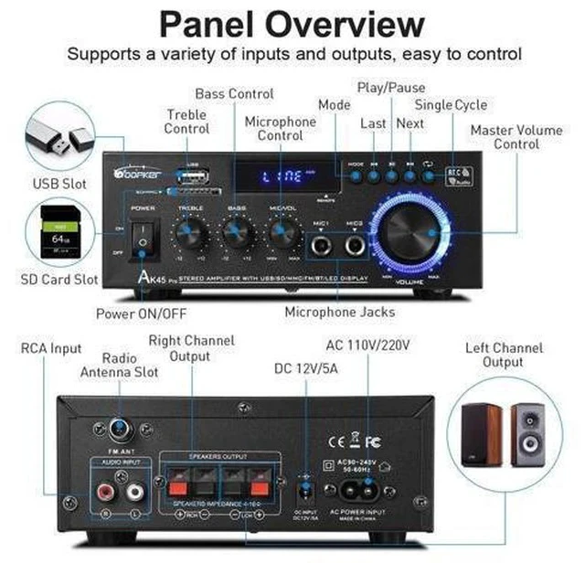 Alt view image 4 of 7 - WOOPKER AK45 Pro Stereo Amplifier, 50Wx2 Bluetooth 5.0 Receiver HiFi 2 Channel Power Amplifier for Wired Speaker, Support USB, SD, RCA, MIC Input, Treble & Bass Control Karaoke Music Player