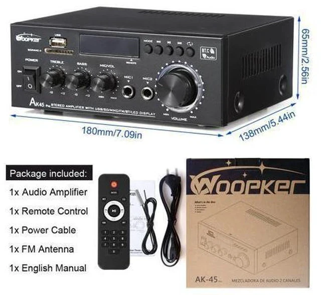 Alt view image 6 of 7 - WOOPKER AK45 Pro Stereo Amplifier, 50Wx2 Bluetooth 5.0 Receiver HiFi 2 Channel Power Amplifier for Wired Speaker, Support USB, SD, RCA, MIC Input, Treble & Bass Control Karaoke Music Player
