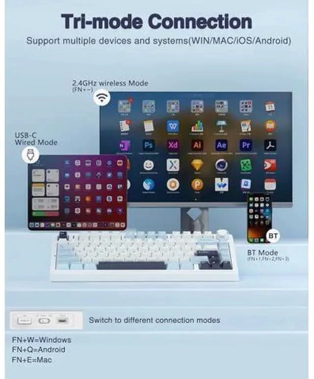 Alt view image 3 of 7 - AULA F75 75% Wireless Mechanical Keyboard,Gasket Hot Swappable Custom Keyboard,Pre-lubed Reaper Switches RGB Backlit Gaming Keyboard,2.4GHz/Type-C/BT5.0 Mechanical Keyboard (White & Blue)